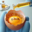 A gloved hand holds a broken eggshell containing the yolk. One hand pours oil into the shell.